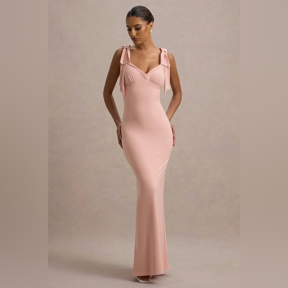 Blush Maxi Dress with Bow Straps- perfect for wedding guest or babyshower
